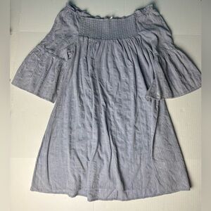 Easel Women's Large Tunic Shirt Blue Stripes Off Shoulder Cotton Bell Sleeve